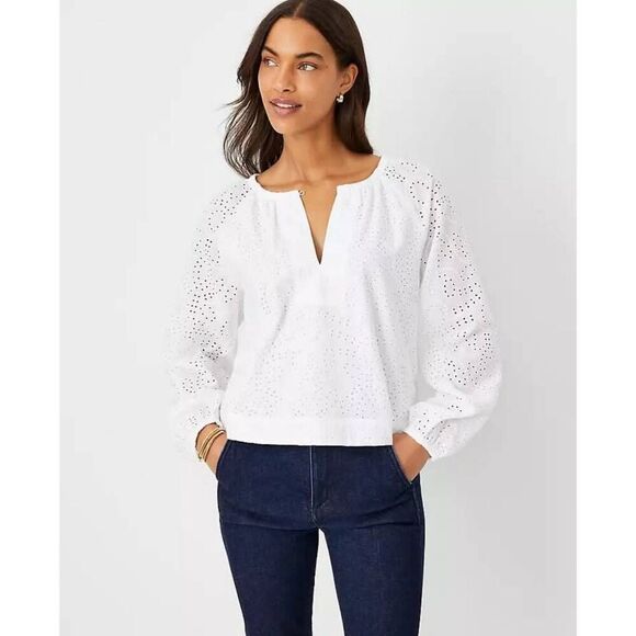 Ann Taylor Eyelet Top Women's Large White Long Raglan Sleeve Popover Blouse - Picture 2 of 11